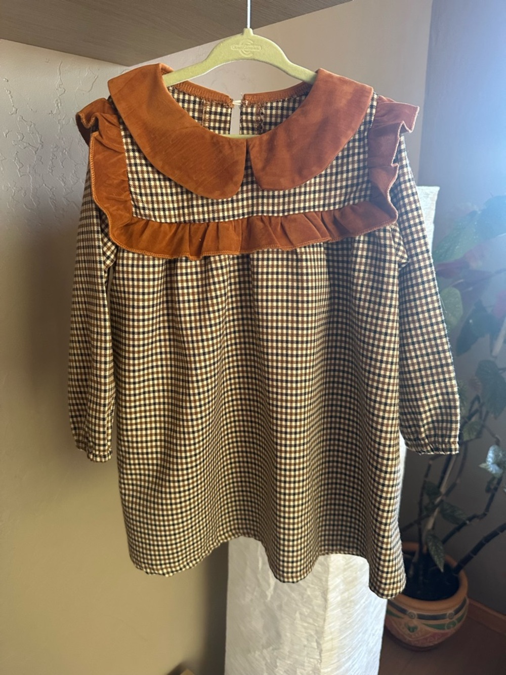 4T Girls Plaid Ruffle Collar Dress with Rust Velvet Trim